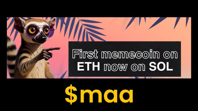 The image features a lemur, possibly a lemurs or a monkey, standing against a pink background with palm trees visible behind it. Below this scene, there's text that reads "First memeonETH now on SOL" followed by "$maa". The lemur is pointing towards the text and appears to be wearing sunglasses.