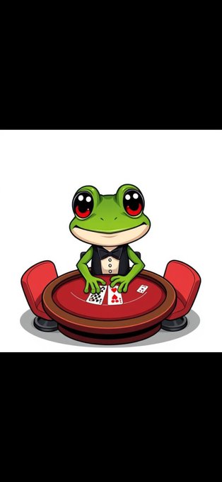 A cartoon illustration of a green frog in a tuxedo sitting at a red poker table with cards and dice.