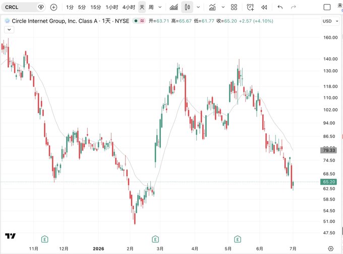 A TradingView candlestick chart shows Circle Internet Group (CRCL) on NYSE, currently trading at $65.20 with a +4.10% gain, illustrating the stock's volatile downtrend from ~$160 highs to recent lows near $58 amid an ongoing struggle to establish a compelling payment narrative.