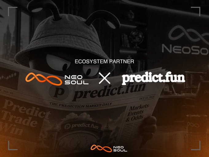 A dark promotional graphic for NEO SOUL and predict.fun reads 'ECOSYSTEM PARTNER' and 'NEO SOUL × predict.fun,' over a mascot-like character holding a newspaper.