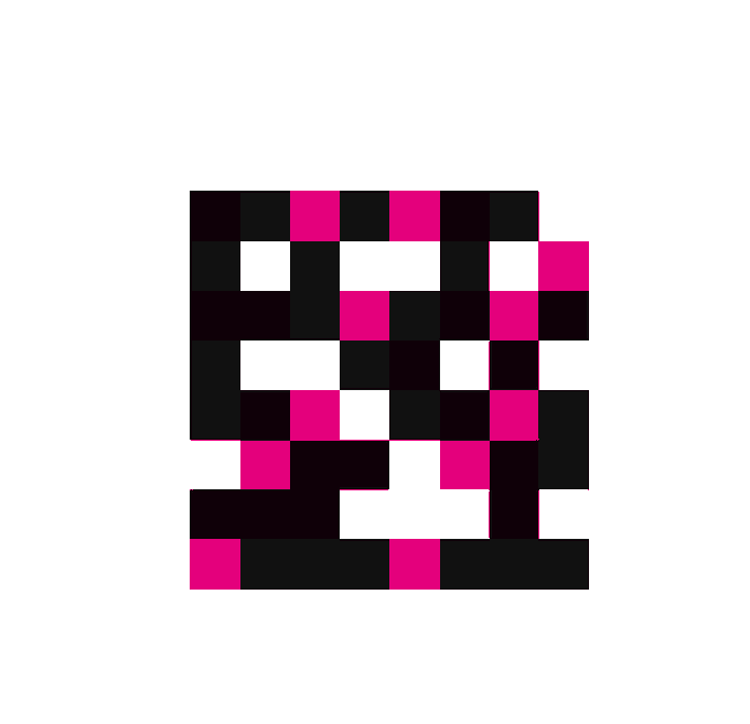 A pixel art graphic featuring a mosaic of black, white, and bright magenta squares arranged in an abstract pattern, shared alongside a post inviting others to share their own "credits" by designer @jackbutcher. The image's QR-like, blocky aesthetic fits the theme of crediting or showcasing creative work in a visually striking, retro digital style.