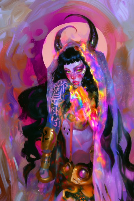 A vibrant, painterly digital artwork of a demonic figure with black horns, glowing eyes, and colorful body markings holding a golden object, surrounded by swirling pink and orange flames.
