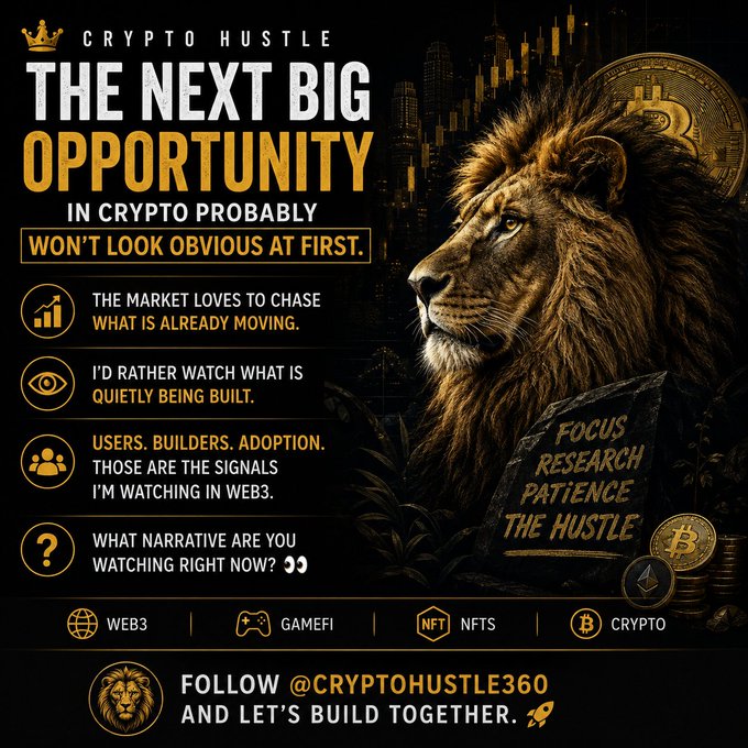 A promotional graphic for 'CRYPTO HUSTLE' featuring a lion profile with a Bitcoin coin, titled 'THE NEXT BIG OPPORTUNITY IN CRYPTO PROBABLY WON'T LOOK OBVIOUS AT FIRST.' with bullet points about market signals and 'FOLLOW @CRYPTOHUSTLE360'.