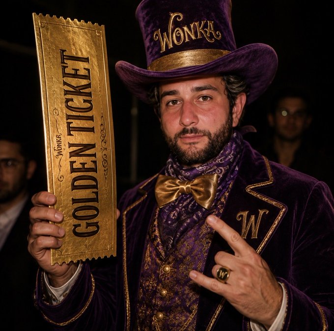 A man dressed as Willy Wonka in a purple velvet top hat emblazoned with "WONKA" holds a golden "Wonka Golden Ticket," while wearing a "W" lapel pin and a ring marked "W" — capturing the playful, branded "Golden Ticket Energy" vibe of the $WONKA meme coin.