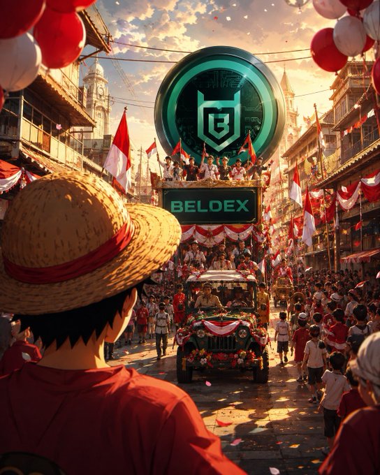 A vibrant street festival scene featuring a parade, red and white flags, balloons, a jeep decorated with flowers, and a person in a straw hat in the foreground, with a 'BELOEX' logo overlay.