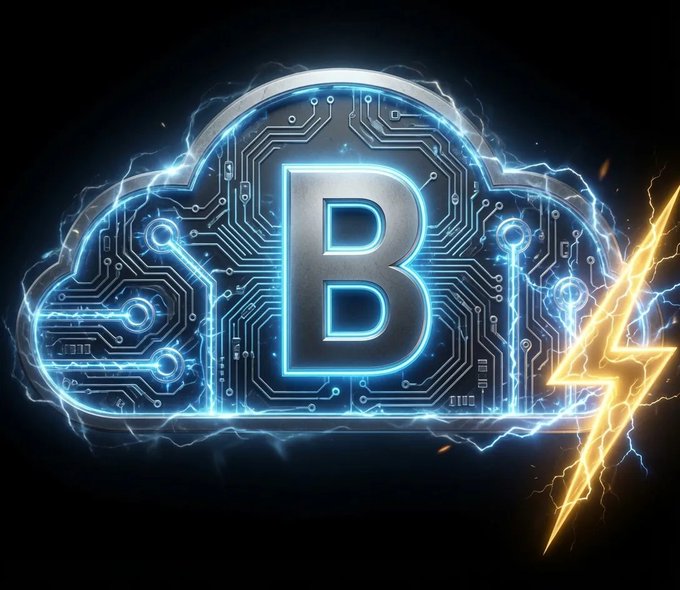 A digital graphic of a glowing blue cloud with a central 'B', circuit board patterns, and a yellow lightning bolt.