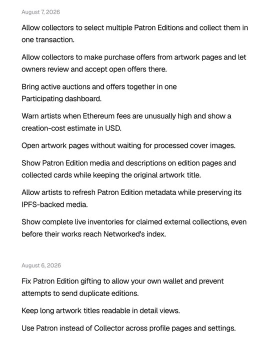 A text document listing feature updates dated August 6 and August 7, 2026, including options to allow collectors to select multiple Patron Editions and fix Patron Edition gifting.