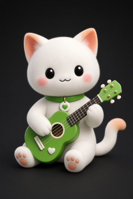 A 3D-rendered cute white cat figurine with pink ears holding a green ukulele with a heart detail, wearing a green collar, against a black background.
