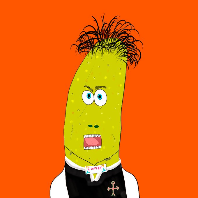 A cartoon pickle character with wild black hair, blue eyes, and an open mouth wearing a vest with a 'COMET' name tag and an anchor symbol, set against an orange background.