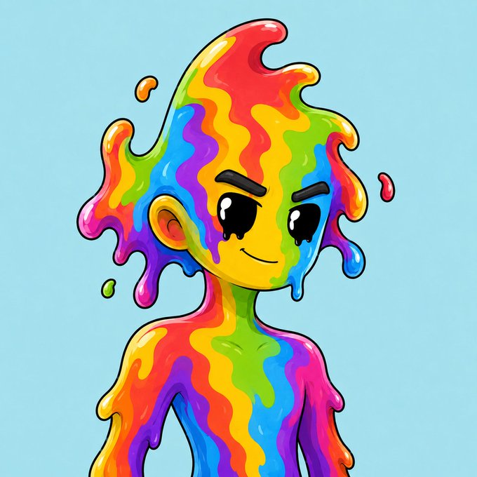 The image features a cartoon character with a face painted in vibrant colors, resembling a rainbow. The character has a unique appearance that stands out against the blue background of the image. The caption provided seems unrelated to the main subject matter but includes the words "GM", "Fluids", and "@opensea". It is unclear how these words are connected to the cartoon character or its colorful appearance, as they do not seem directly related to the visual content in the image.