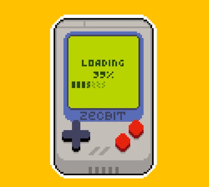 A pixel art illustration of a gray retro handheld gaming device (resembling a Game Boy) with a yellow screen displaying 'LOADING 35%' and some corrupted pixel text; '22CBIT' is written below the screen.