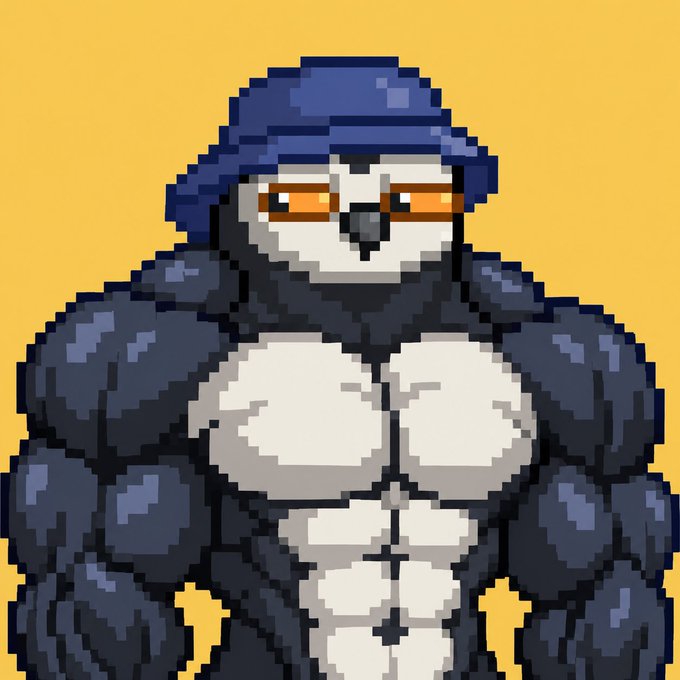 A pixel art image of a muscular anthropomorphic penguin character wearing a blue beanie, displaying prominent pecs and abs against a yellow background.