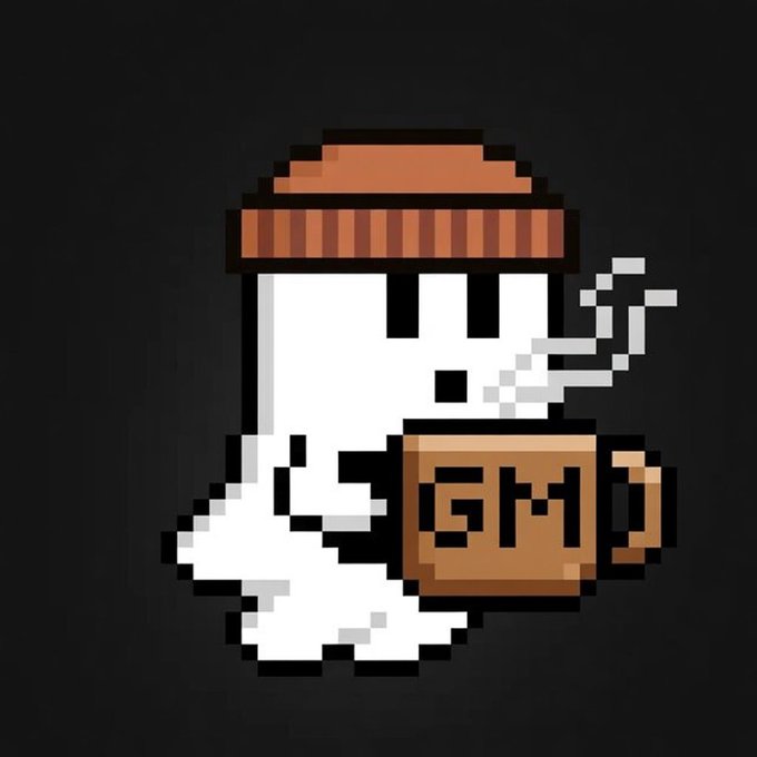 Pixel art of a white character wearing a brown coffee-shop-themed hat and holding a brown mug with steam, with the letters 'GMO' on the mug.
