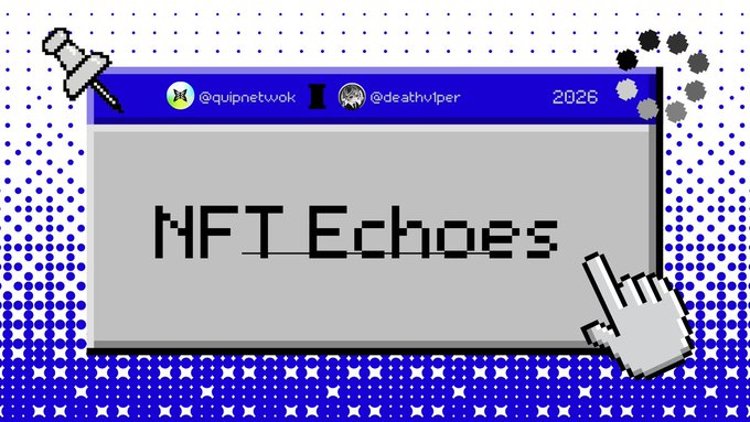 The image features a poster with a blue background, white text, and a mouse icon. The poster reads "NFT Echoes" and includes a picture of a mouse next to the text. The poster also has a quote from @quipnetwork that says "I'm genuinely interested in NFT Echoes because early collections inside growing ecosystems tend to become much more than just collectibles over time". This quote is related to the content of the image, as it highlights the idea behind the poster and its connection to the post.