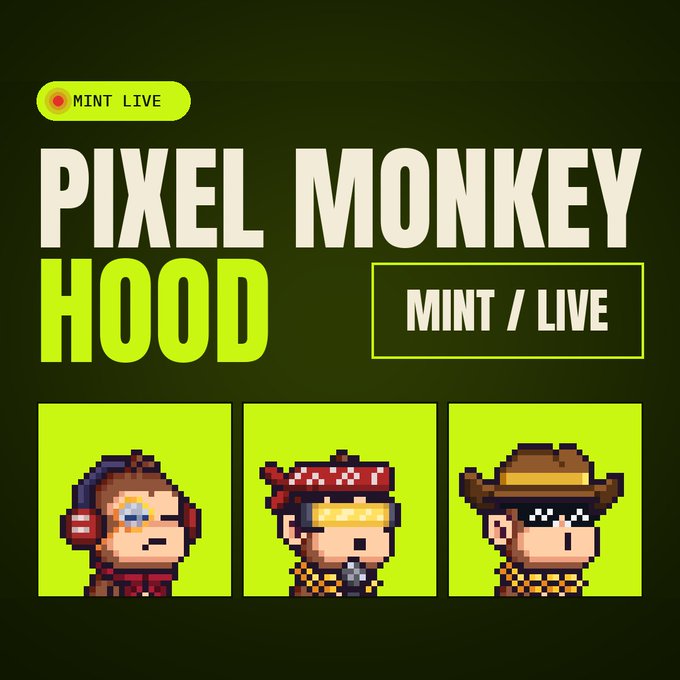 A promotional graphic titled 'PIXEL MONKEY HOOD' with 'MINT / LIVE' status, showing three pixel art monkey characters with different accessories (headphones, bandana, cowboy hat) on green backgrounds.