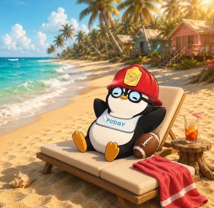 An animated penguin character wearing a red firefighter helmet, glasses, and a bib labeled 'PUDGY' relaxes on a beach lounge chair with a football, cocktail, and towel, set against a tropical seaside backdrop with palm trees and beach houses.