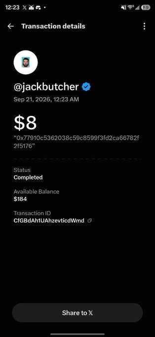 A screenshot of a mobile transaction details screen showing an $8 transaction from @jackbutcher dated Sep 21, 2026, with a completed status and an available balance of $184.