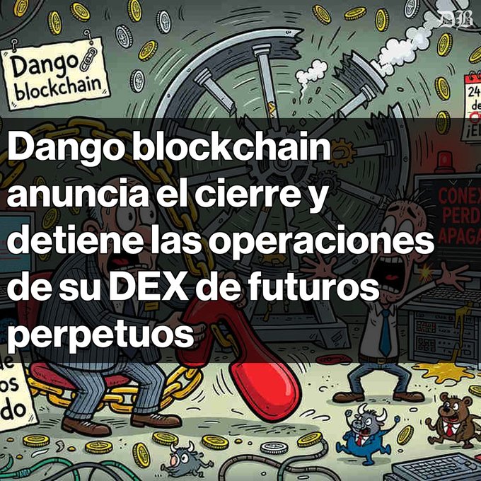 A cartoon graphic announces 'Dango blockchain announces closure and halts operations of its perpetual futures DEX' over a chaotic illustration of men pulling a giant switch.