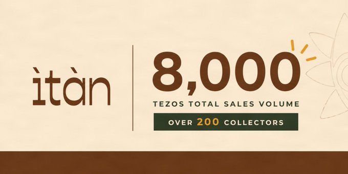 A promotional banner for ìtà featuring '8,000 Tezos Total Sales Volume' and 'Over 200 Collectors' in brown and beige tones with subtle floral illustrations.