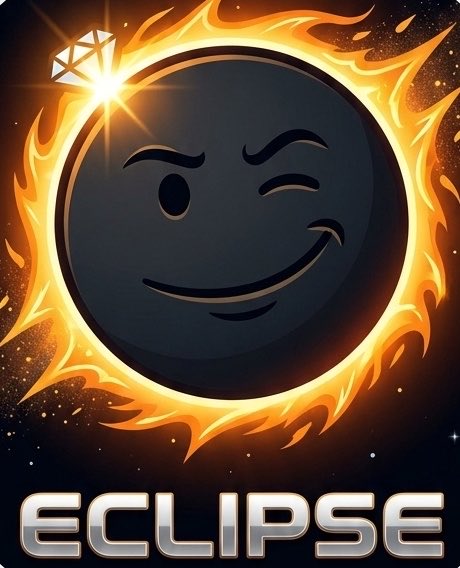 Logo art for 'ECLIPSE' featuring a dark moon-like character with a winking eye surrounded by flames and a geometric crystal icon in the top left, set against a starry space background.