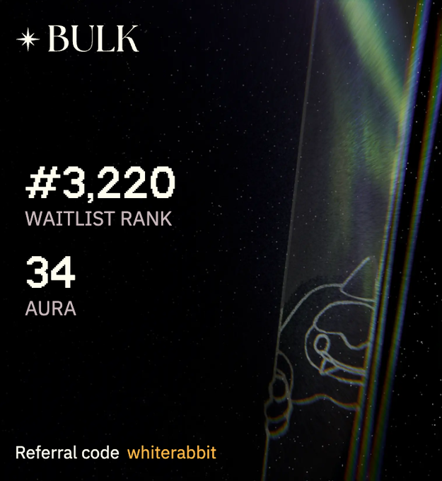 The image features an advertisement with a black background, predominantly covered by white text, including numbers representing a waitlist rank system for an event or product. The text reads "@bulktrade", referring to a bulk market where a product is available for purchase, as indicated by the code reference @aura and @white Rabbit. This code can be used to refer back to the post that features this advertisement in its content.