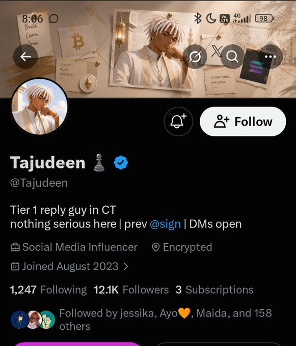 A Twitter/X profile for 'Tajudeen' (@Tajudeen) with bio reading 'Tier 1 reply guy in CT nothing serious here | prev @sign | DMs open', 12.1K followers, joined August 2023.
