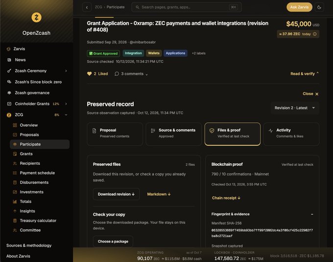 A screenshot of the OpenZcash Zarvis platform showing a Grant Application for '0xramp: ZEC payments and wallet integrations (revision #408)' requesting $45,000 USD, marked as granted with blockchain proof verified.