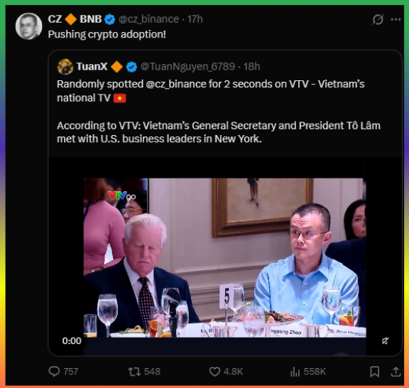 A tweet by CZ (@cz_binance) captioned 'Pushing crypto adoption!' that quotes another post mentioning @cz_binance being spotted on Vietnam's national TV (VTV).