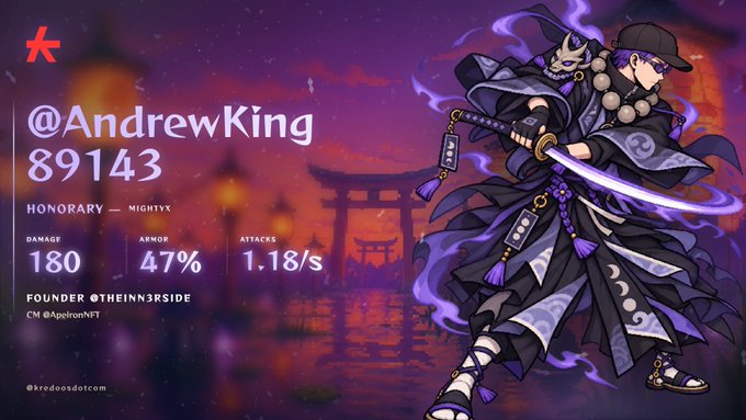 An NFT profile card for @AndrewKing89143 displays stats including 180 damage, 47% armor, and 1.18/s attacks, featuring an anime-style samurai character holding a katana against a Japanese shrine backdrop, credited to founder @THEINNER3RSIDE and artist @Apetr0nNFT.