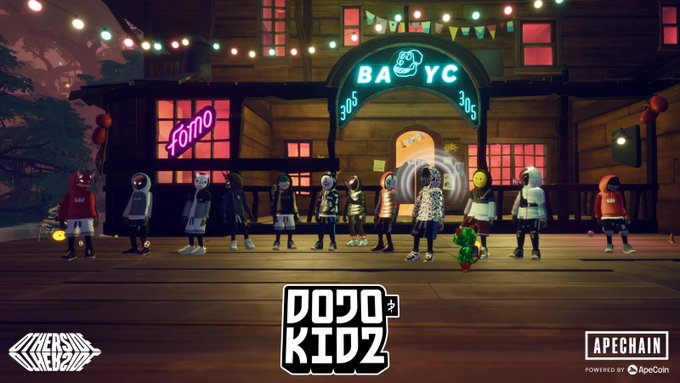 The image features a group of people standing outside a building, possibly a bar or club, with neon lights illuminating the area. The text "DOJO KIDZ" is displayed above them, indicating that they are part of a gaming event called "DOJO KIDZ". The post also mentions that the Dojo Kids are out there making memories and represents the Metaverse in style.