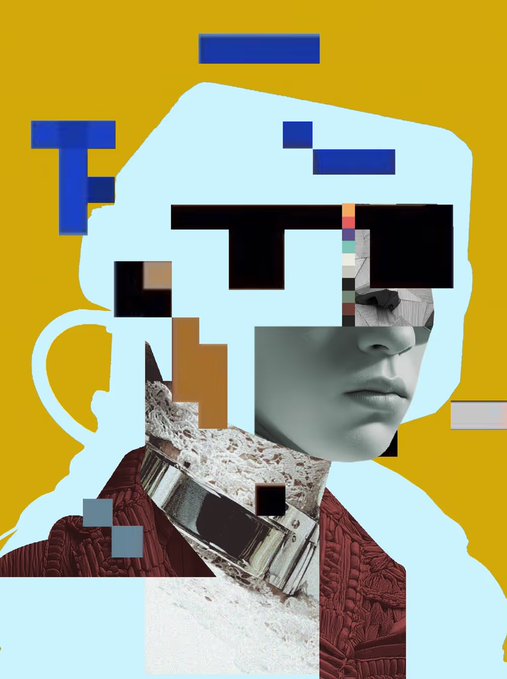A vibrant digital collage featuring a faceless figure in a red textured jacket and metallic collar, overlaid with blue pixelated blocks against a mustard yellow background. The avant-garde, glitch-art style mirrors the post's experimental tone about learning and exploring new projects like Nomisma Network and Tria this weekend.