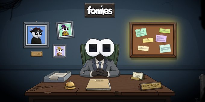 A cartoon illustration from the webcomic 'Homestuck' showing a character with square black glasses sitting at a desk labeled 'INTAKE OFFICER' with a 'fomies' sign on the wall behind them.