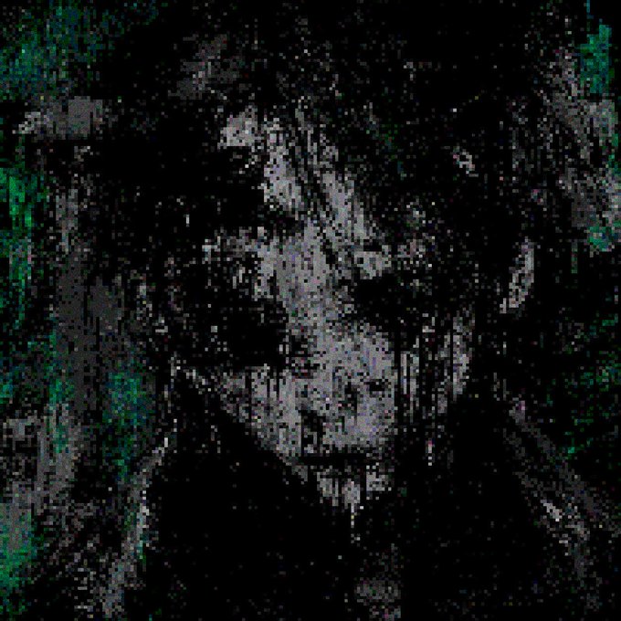 A highly pixelated, dark, and abstract image with scattered green and white specks forming vague vertical shapes against a black background.