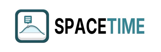 This image displays the logo for "SPACETIME," a concept built around the connection between space and time, now available on the Robinhood ecosystem. The logo, featuring a graph with a speech bubble, visually represents the integration of data or information within this concept.