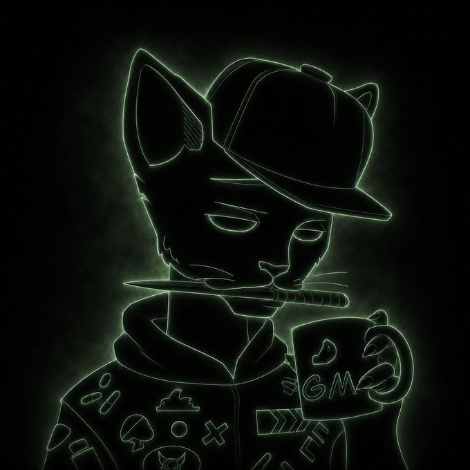A neon green outlined illustration on a black background of an anthropomorphic cat character wearing a cap and holding a GM mug, with game controller and gaming icon patterns on its clothing.
