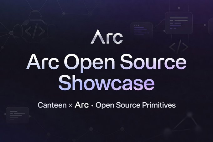 A promotional banner for 'Arc Open Source Showcase' by Canteen × Arc, featuring 'Open Source Primitives' text on a dark purple background with code and network graphics.