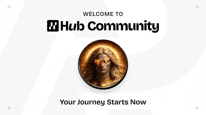 A welcoming graphic for "Hub Community" featuring a fiery, ethereal female figure in a circular portrait, captioned "Your Journey Starts Now," promoting the creator's new membership and their recent win on a prediction market game night (Athletico 2-1 Real Madrid).