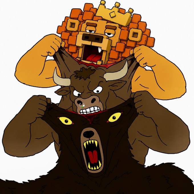 A cartoon illustration of three stacked characters revealing their true monstrous forms by tearing open their shirts: a fox-like warrior on top, a horned bull-like creature in the middle, and a roaring bear-like beast at the bottom.
