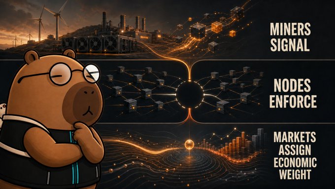 A cartoon bear in glasses appears thoughtful beside a three-panel graphic illustrating the Bitcoin consensus layers, labeled "MINERS SIGNAL," "NODES ENFORCE," and "MARKETS ASSIGN ECONOMIC WEIGHT." The image visually reinforces the post's message that consensus emerges only when these three distinct groups—miners, nodes, and markets—align, with the bear contemplating how the BIP-110 debate hinges on whether these signals will continue to agree.