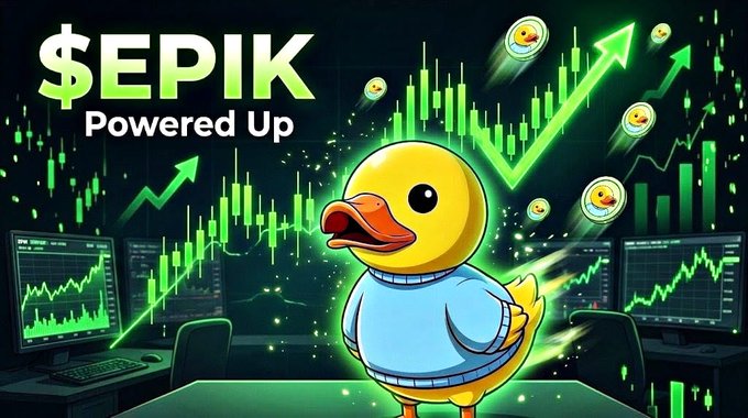 A cartoon duck wearing a blue sweater standing in front of stock market charts with green upward arrows, with the text '$EPIK Powered Up'.