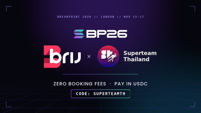 A promotional graphic for 'BP26' Breakpoint 2026 in London (Nov 15-17) features logos for 'briq' and 'Superteam Thailand' with the text 'ZERO BOOKING FEES · PAY IN USDC' and 'CODE: SUPERTEAMTH'.