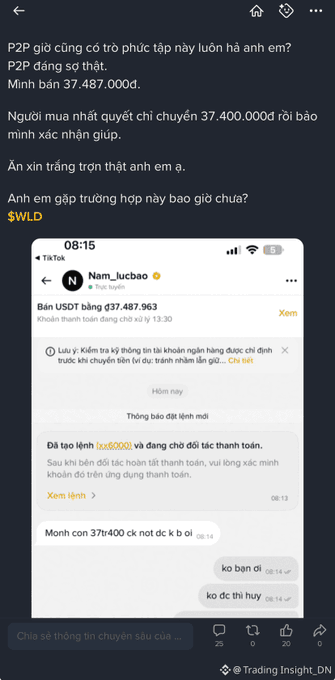 A screenshot of a social media post discussing a P2P trading scam on TikTok, where a seller lost 37,487,000 VND after a buyer transferred 37,400,000 VND.