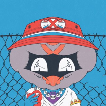An illustration of a furry/anthro character wearing an X-branded red bucket hat, black mask, and chain necklace, standing in front of a chain-link fence.