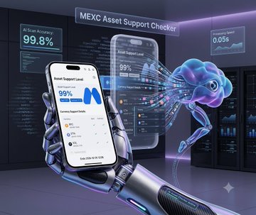 A robotic hand holds a smartphone displaying a 'MEXC Asset Support Checker' app showing 'Asset Support Level 99%' against a digital backdrop.