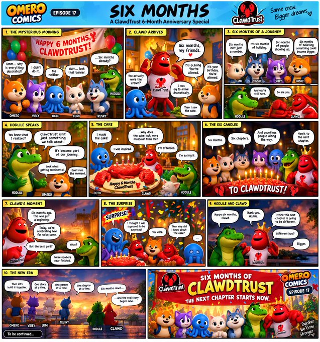 Omero Comics Episode 17 'SIX MONTHS: A ClawdTrust 6-Month Anniversary Special' featuring characters Clawd, Hoolie, Vibey, Lumi, Octo, and Tugux in a 10-panel comic strip.