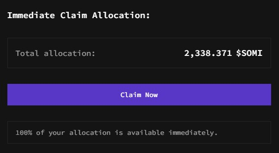 This image shows an "Immediate Claim Allocation" for 2,338.371 $SOMI, with a prominent "Claim Now" button. The text directly relates to the post's claim of receiving this allocation.