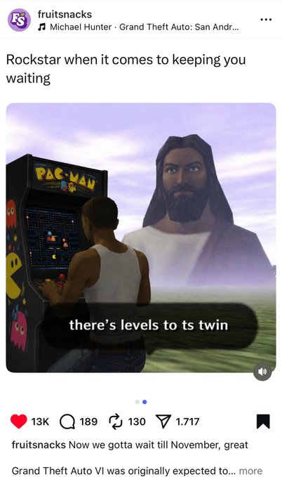 The image features a man playing Pac-Man with Jesus standing behind him. The caption reads "There's levels tots twin", which suggests that there are two versions of the game, one for each player.