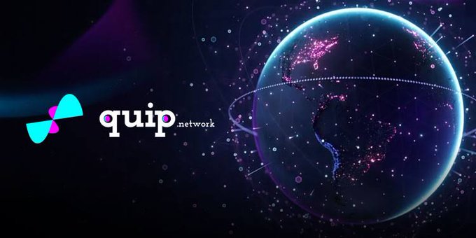 A logo for 'quip network' displayed next to a glowing digital globe showing the Americas, set against a starry space background.