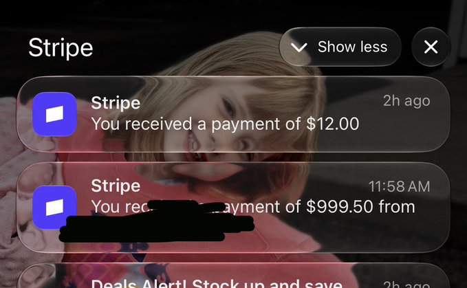 A smartphone notification screen displays Stripe payment alerts, including a $12.00 receipt and a $999.50 payment received via outbid.lol, corroborating the $1K sale announcement.