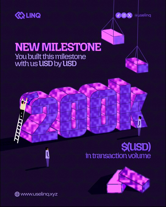 A LINQ promotional graphic celebrating a new milestone of $200K (USD) in transaction volume.